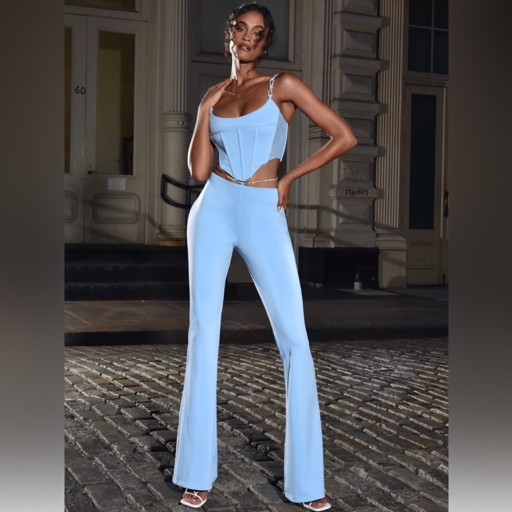 Miss Circle Baby Blue Crystal Strap Corset Top and Flare Pants size XXS (both)